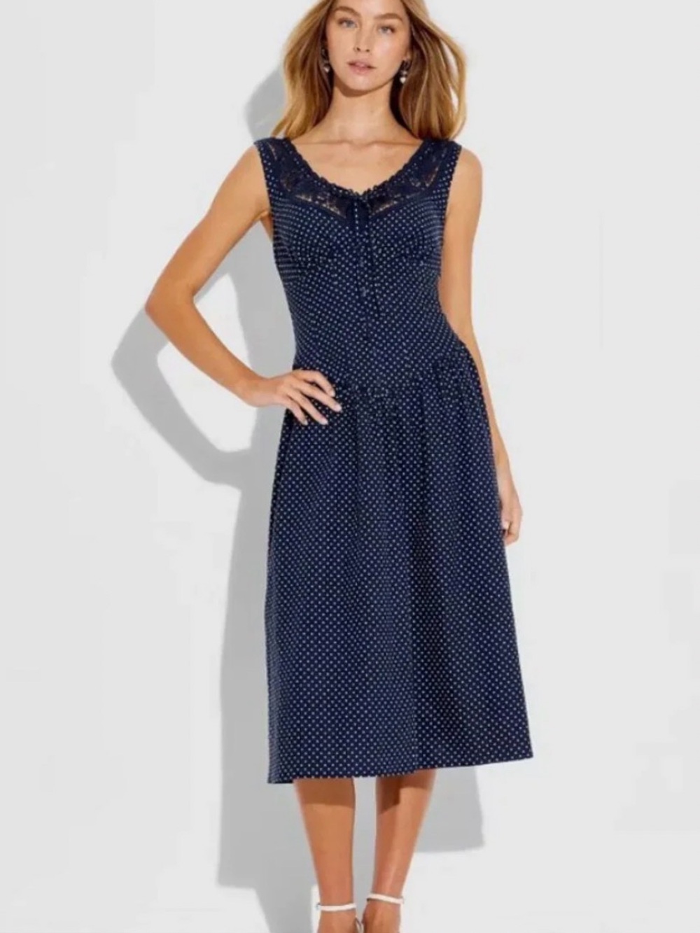 Wild Fable Women's Button-Front Lace Midi Dress Sleeveless Linen Blend Polka Dot